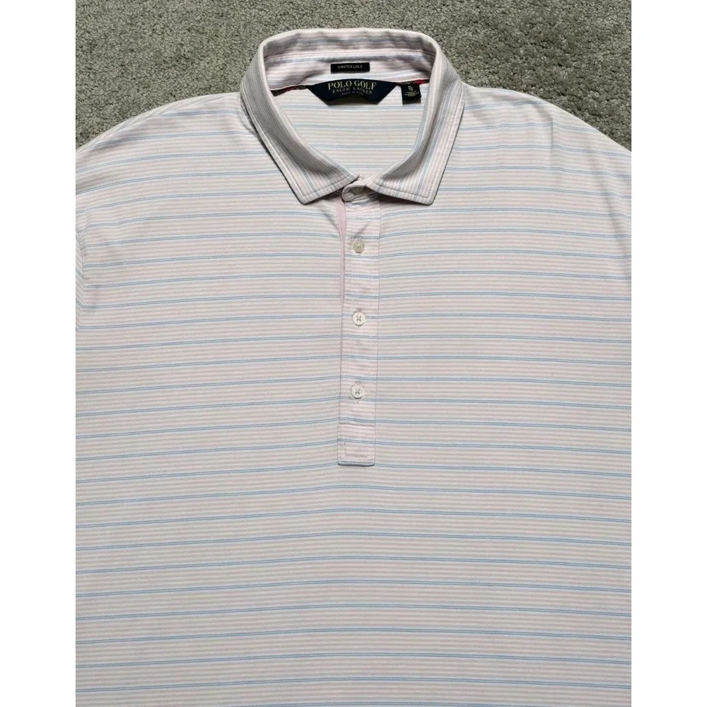 Ralph Lauren Polo Golf Performance Stretch‎ Lisle Polo Pink Blue Striped Mens XL
